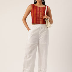 White Embroidered Palazzos–Fully Lined, Elastic Waist & Ankle-Length with Side Pocket