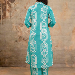 Light Green Women’s Co-Ord Set–Printed Collared Kurta with 3/4 Sleeves & Elastic Waist Pants