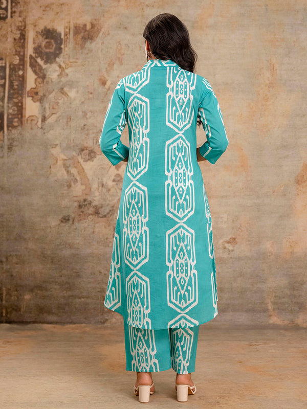 Light Green Women’s Co-Ord Set–Printed Collared Kurta with 3/4 Sleeves & Elastic Waist Pants