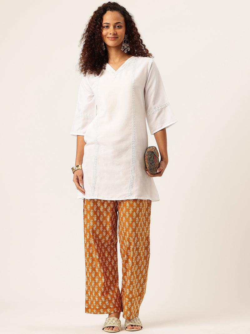 Gold Women Pure Cotton Paisley Printed Palazzo Pants | Elastic Waist | Wide Leg