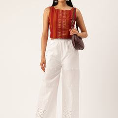White Embroidered Palazzos–Fully Lined, Elastic Waist & Ankle-Length with Side Pocket