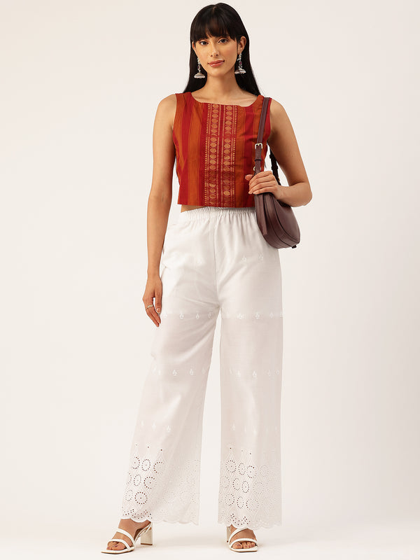 White Embroidered Palazzos–Fully Lined, Elastic Waist & Ankle-Length with Side Pocket