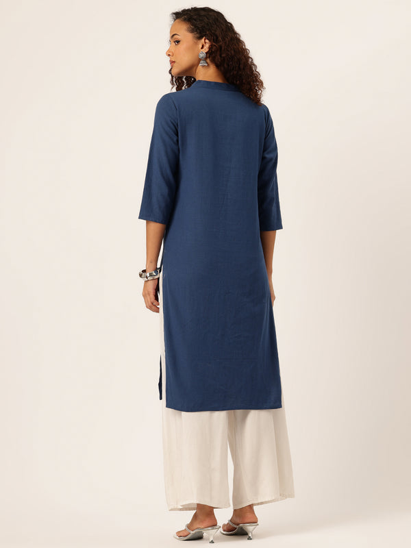 Women’s Solid Long Kurti with Mandarin Collar, 3/4 Sleeves & Pocket | Plain Elegant Cotton Kurta for Daily & Office Wear