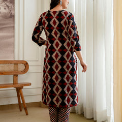 Bordered V-Neck 3-Piece Kurta Set with Ankle-Length Pants & Full-Length Dupatta (M–XXL)