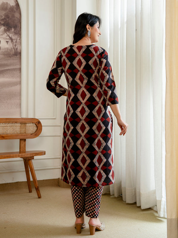 Bordered V-Neck 3-Piece Kurta Set with Ankle-Length Pants & Full-Length Dupatta (M–XXL)