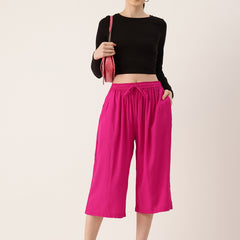 Women's Culottes | Calf-Length Pants with Double Pockets & Elastic Waistband