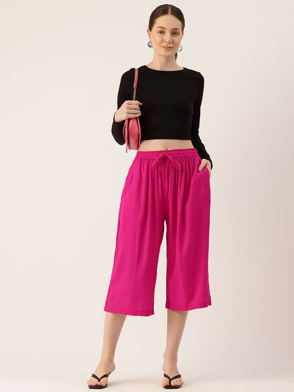Women's Culottes | Calf-Length Pants with Double Pockets & Elastic Waistband