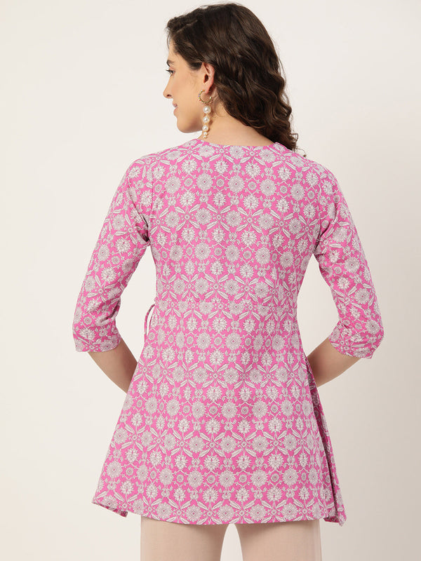 Floral Print Angrakha 3\4 Sleeves Flared Kurti