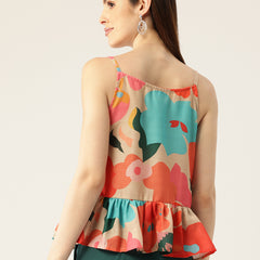 Cropped Sleeveless strap Peplum top with digital print on linen fabric.| Size- Small| Colour - Cream, Red, Blue
