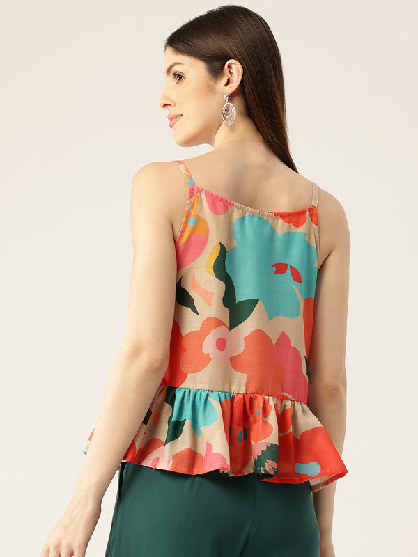Cropped Sleeveless strap Peplum top with digital print on linen fabric.| Size- Small| Colour - Cream, Red, Blue