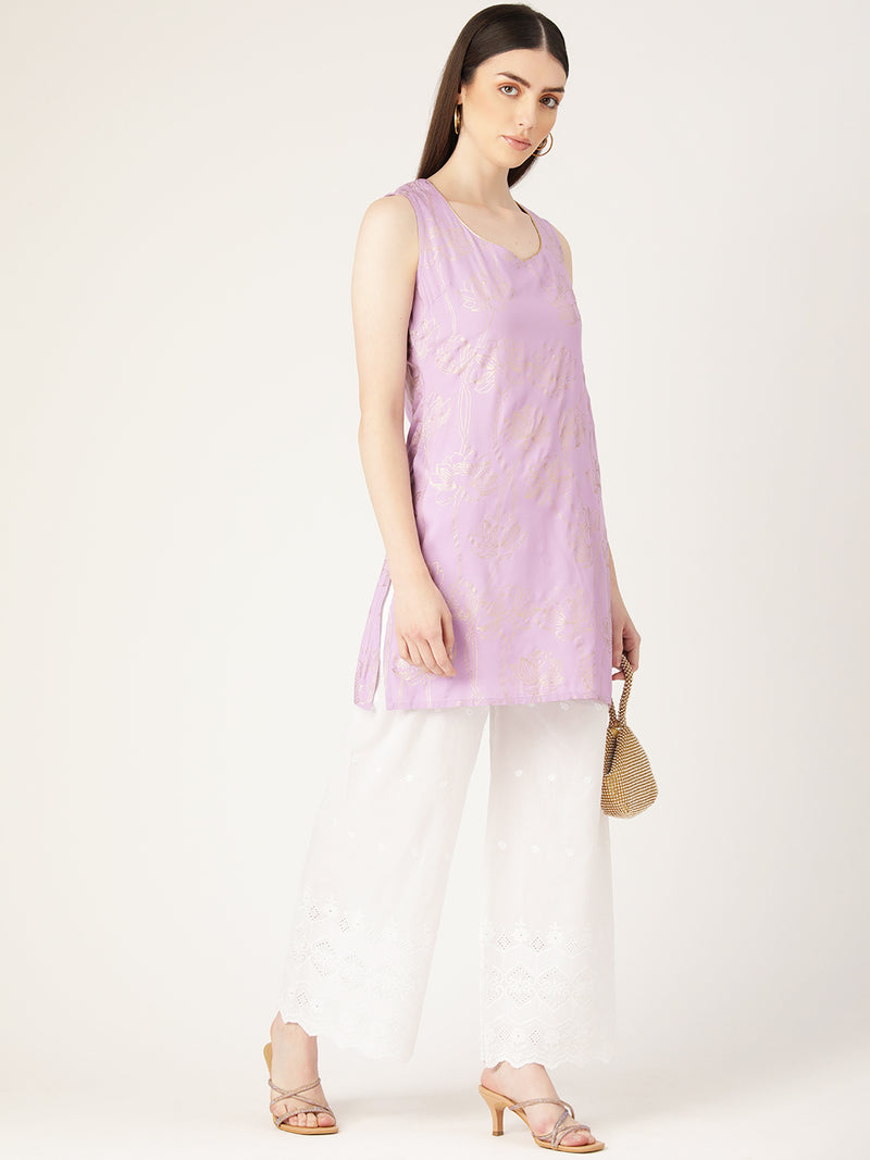 White White Embroidered Cotton Palazzos–Elastic Waist & Ankle-Length with Side Pocket