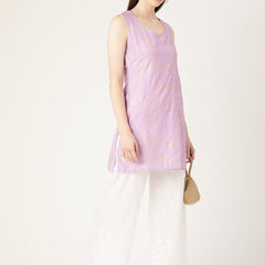 White White Embroidered Cotton Palazzos–Elastic Waist & Ankle-Length with Side Pocket
