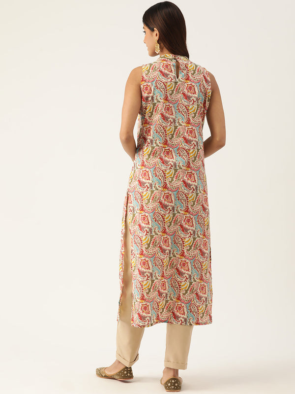 Cotton Printed Sleeveless Straight Long Kurti