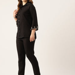 Black Women's Embroidered Co-ord Set - Viscose Fabric Full Sleeve Shirt and Pant