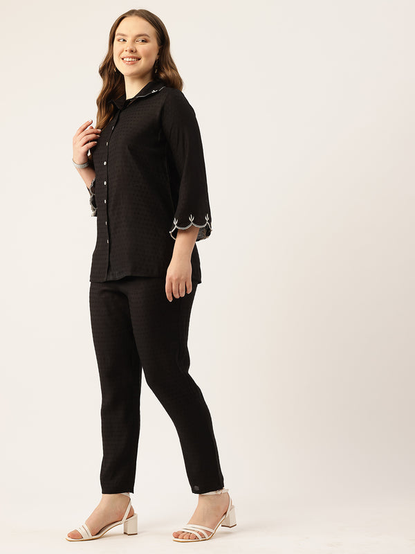 Black Women's Embroidered Co-ord Set - Viscose Fabric Full Sleeve Shirt and Pant