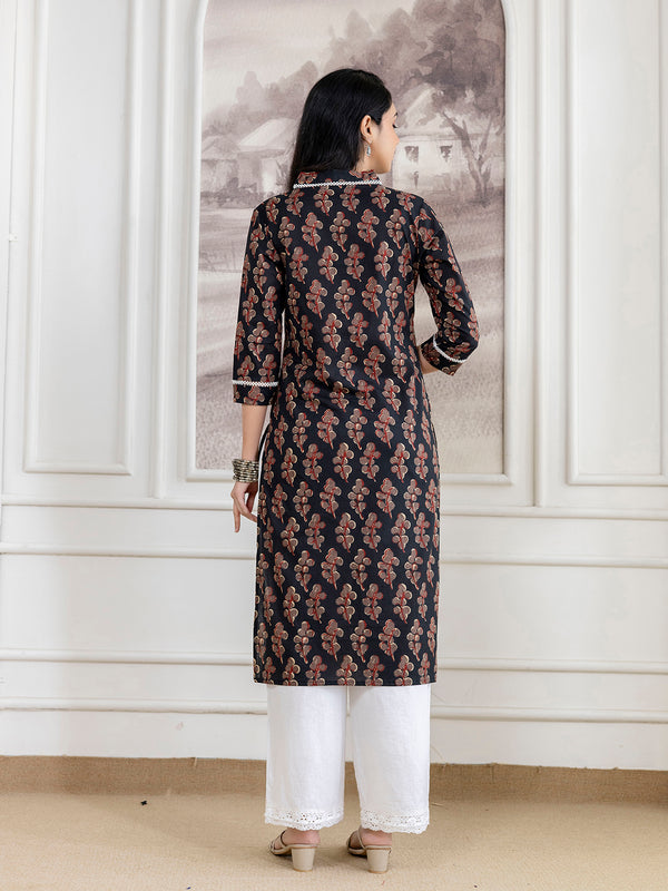 Elegant Ethnic Printed Cotton Straight Kurta with V-Neckline