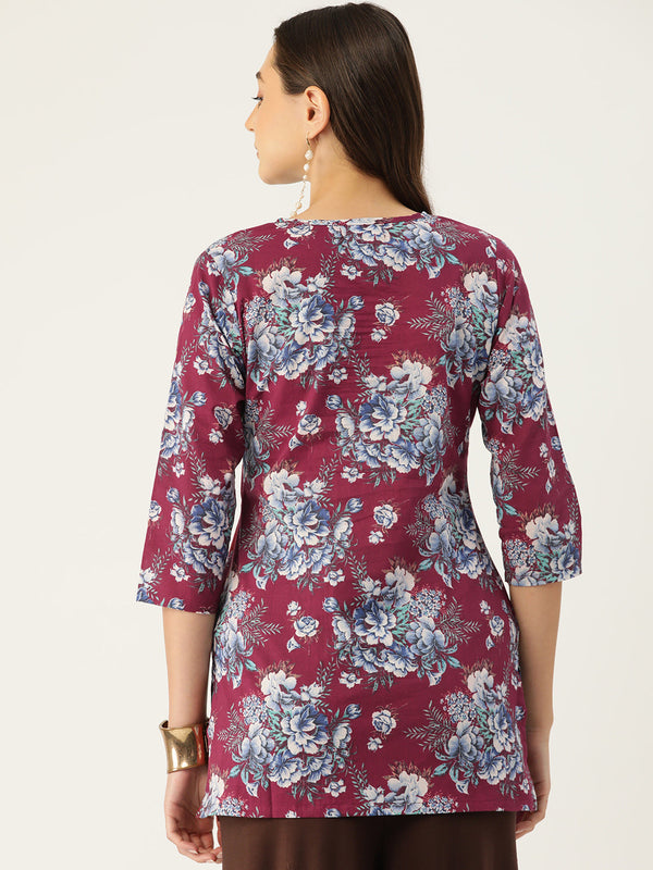 Floral Print 4 Button Straight Kurti