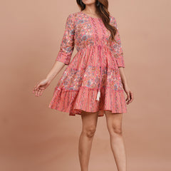 Floral Cotton Flared Dress (S–XXL | 3/4 Sleeves) – Breezy Comfort with Feminine Flow