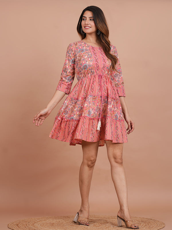 Floral Cotton Flared Dress (S–XXL | 3/4 Sleeves) – Breezy Comfort with Feminine Flow