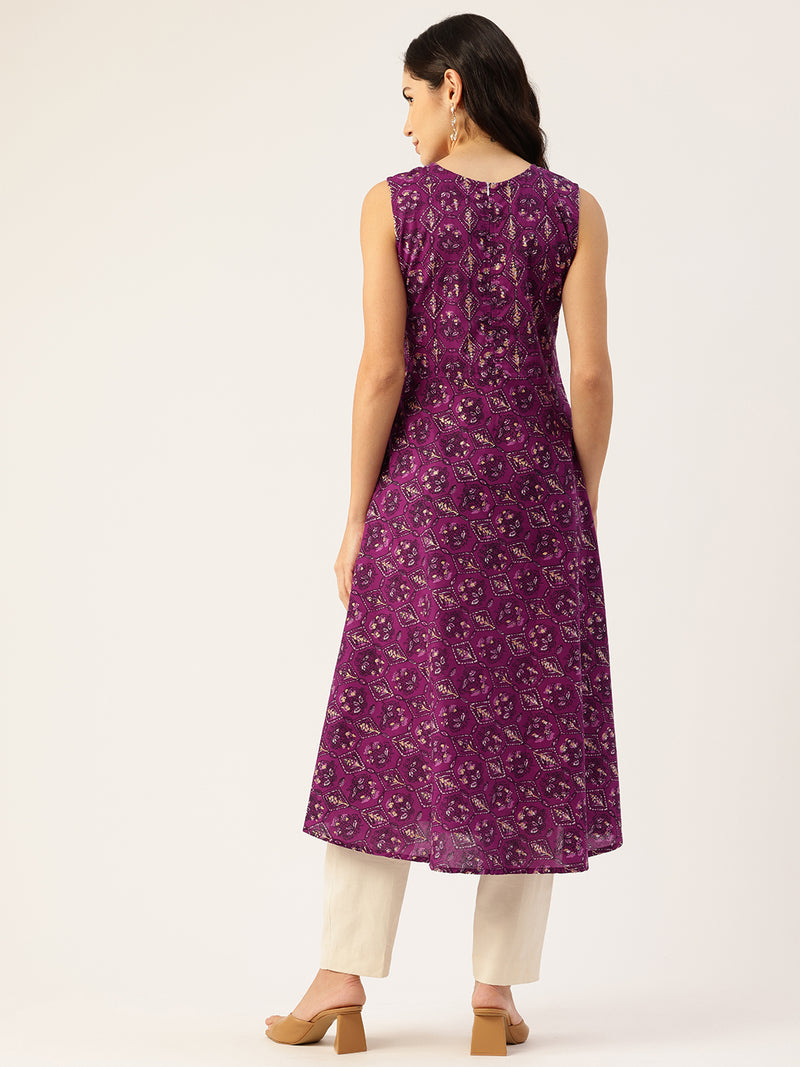 Elegant Floral Sleeveless A-Line Kurti with Back Zip Closure
