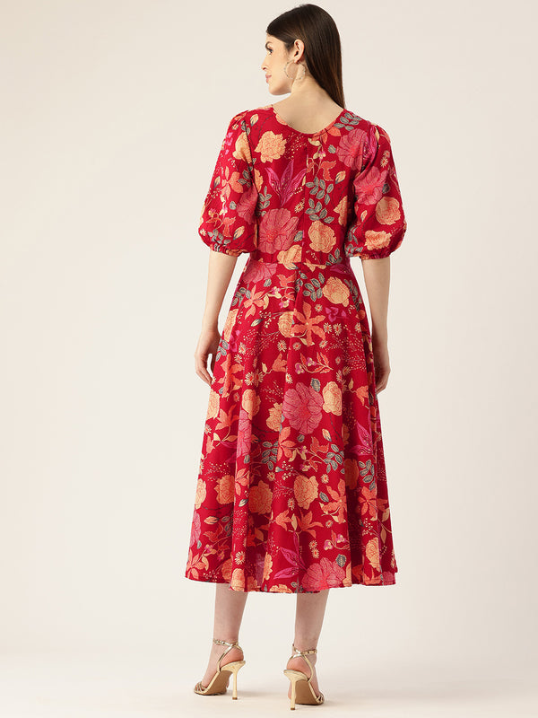 Women's Pure Cotton Floral Printed A-Line Gown with 3/4 Puff Sleeves & V-Neck