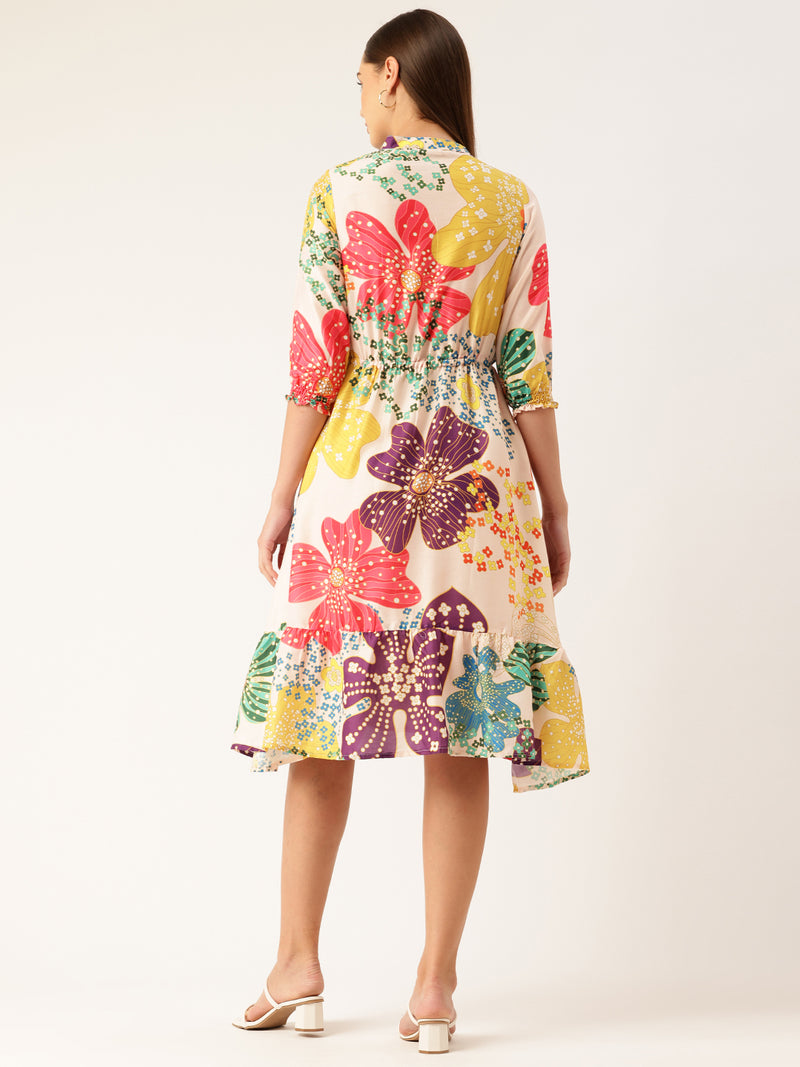 Women’s Multi-Color Muslin Floral Dress with Mandarin Collar & 3/4 Smocked Sleeves