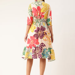 Women’s Multi-Color Muslin Floral Dress with Mandarin Collar & 3/4 Smocked Sleeves