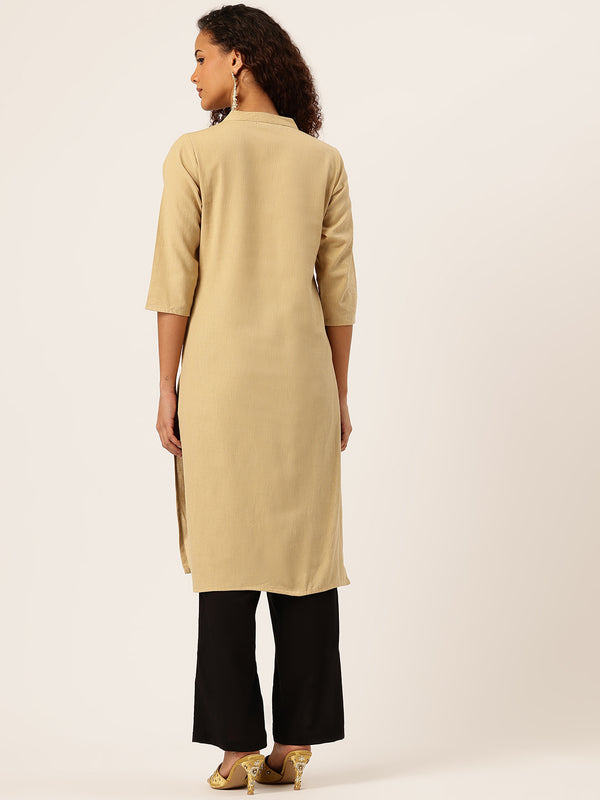 Women’s Solid Long Kurti with Mandarin Collar, 3/4 Sleeves & Pocket | Plain Elegant Cotton Kurta for Daily & Office Wear