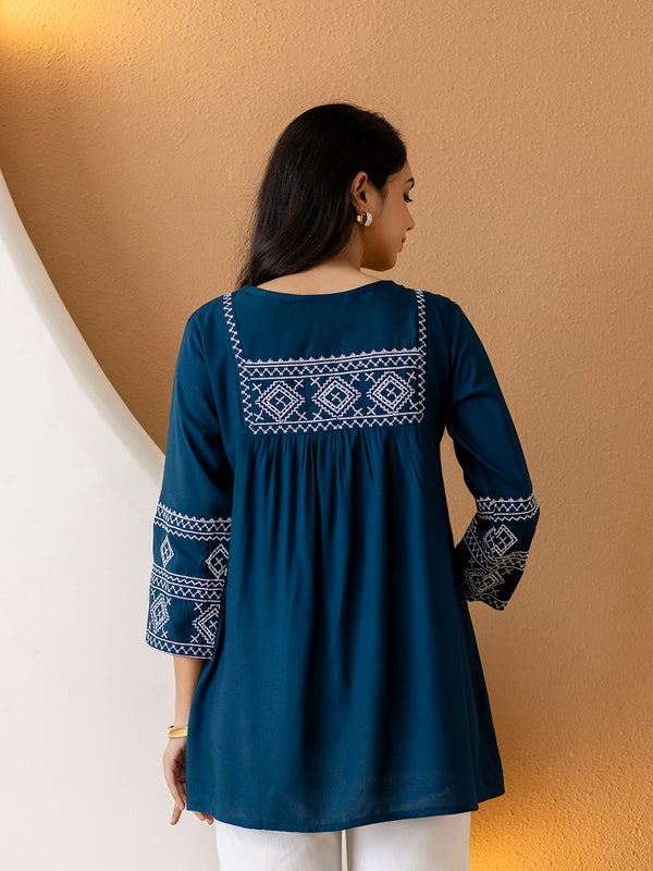 Solid Hip Length Embrioded 3/4 Sleeves Kurti