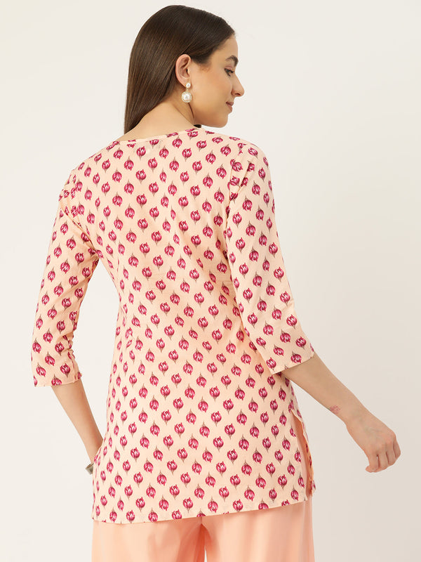 Floral Print 4 Button Straight Kurti