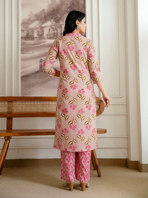 Floral Printed 3-Piece Kurta Set with V-Neckline, Straight Pants & Full-Length Dupatta (Size M–XXL)