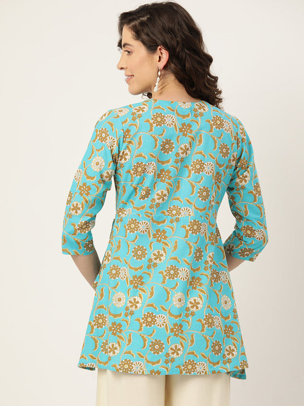 Floral Print Angrakha 3\4 Sleeves Flared Kurti