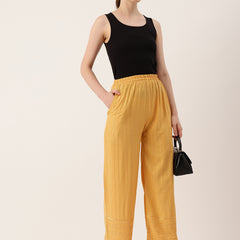 yellow Yellow Embroidered Cotton Palazzos–Elastic Waist & Ankle-Length with Side Pocket