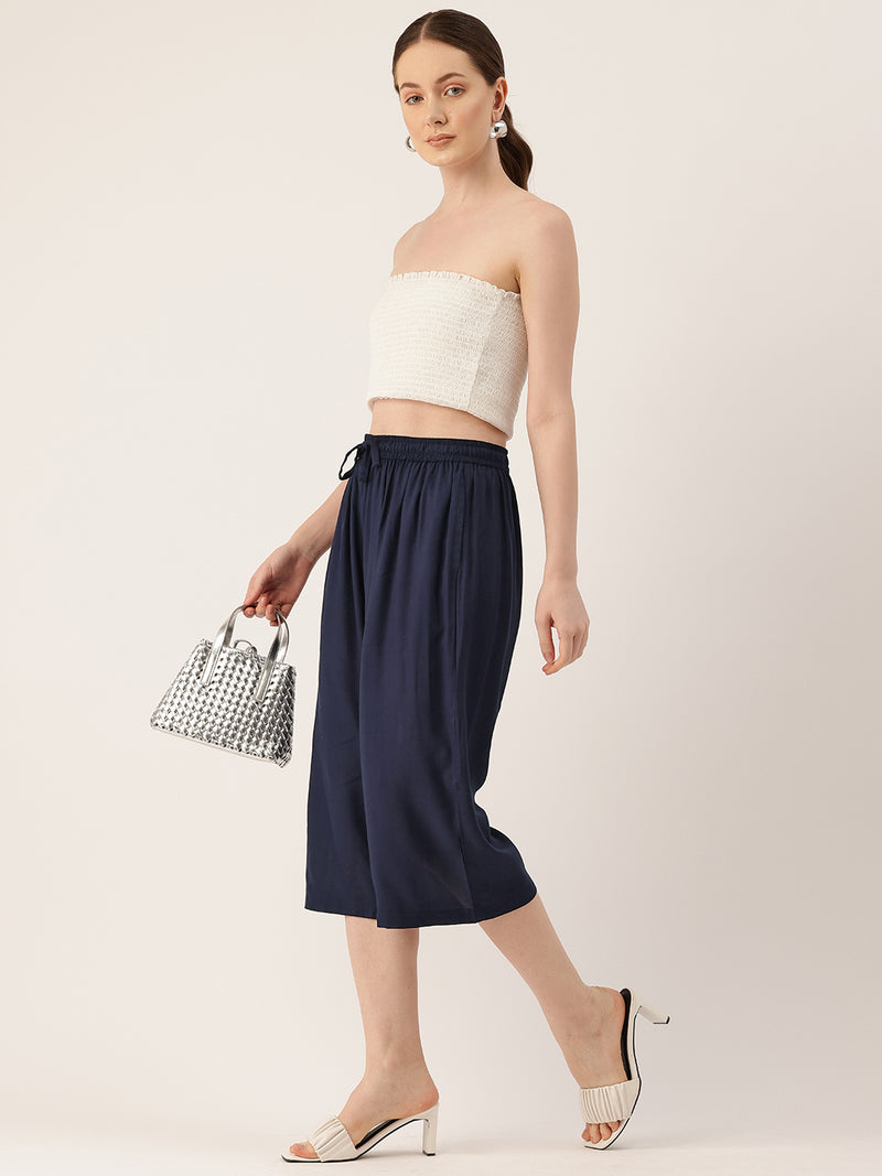 Women's Culottes | Calf-Length Pants with Double Pockets & Elastic Waistband