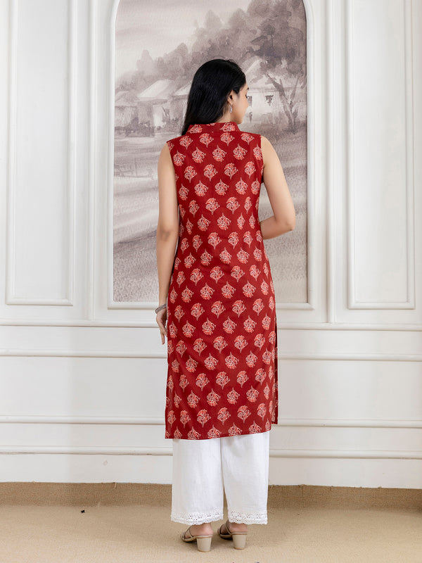 Elegant Sleeveless Cotton Printed Straight Kurta with Refined V-Neckline