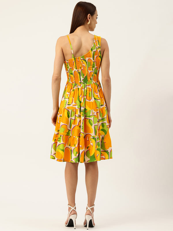 Women’s Rayon One-Shoulder Dress with Smocked Bodice & Flared Skirt – Bright Summer Colors