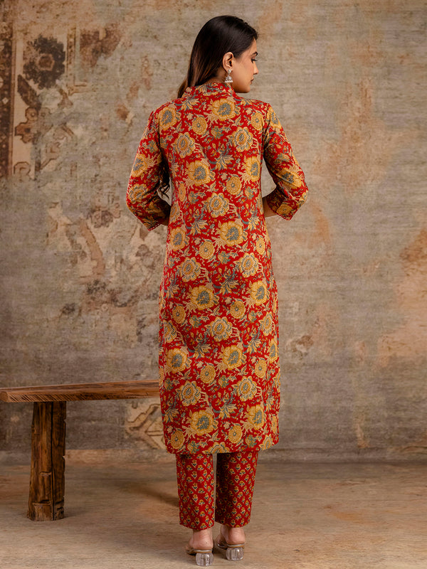 Pure Cotton Red Printed 3-Piece Kurta Set with Dupatta