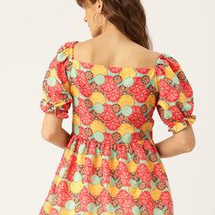 Cropped v-neck peplum puff sleeved top with digital print on linen fabric.