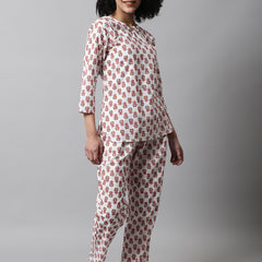 White Printed Cotton Night Suit with V-Neck Kurti & Ankle-Length Pants