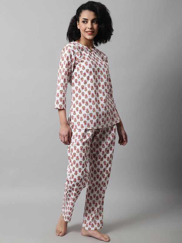 White Printed Cotton Night Suit with V-Neck Kurti & Ankle-Length Pants