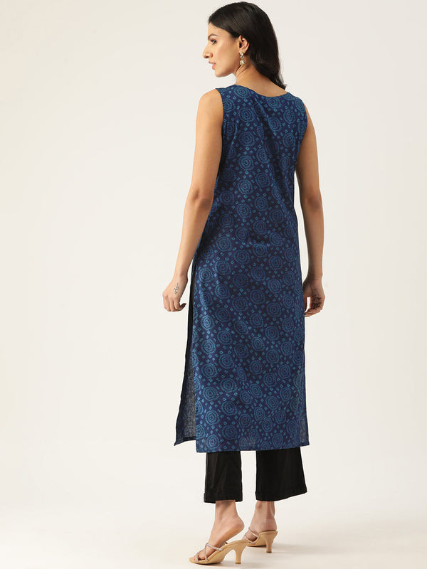 Cotton Boat Neck Sleeveless Straight Kurti