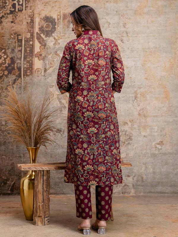 Pure Cotton Maroon V-Neck 3-Piece Kurta Set with Printed Dupatta