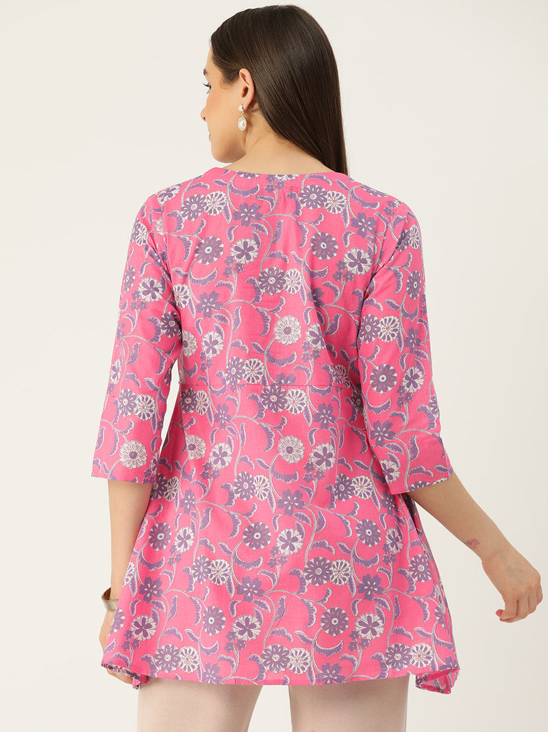 Floral Print Angrakha 3\4 Sleeves Flared Kurti
