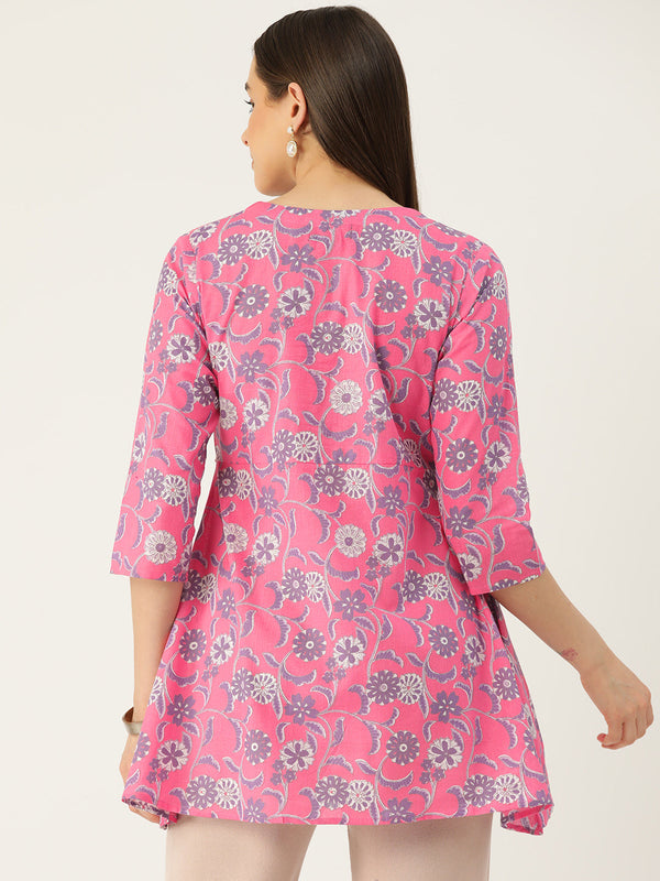 Floral Print Angrakha 3\4 Sleeves Flared Kurti