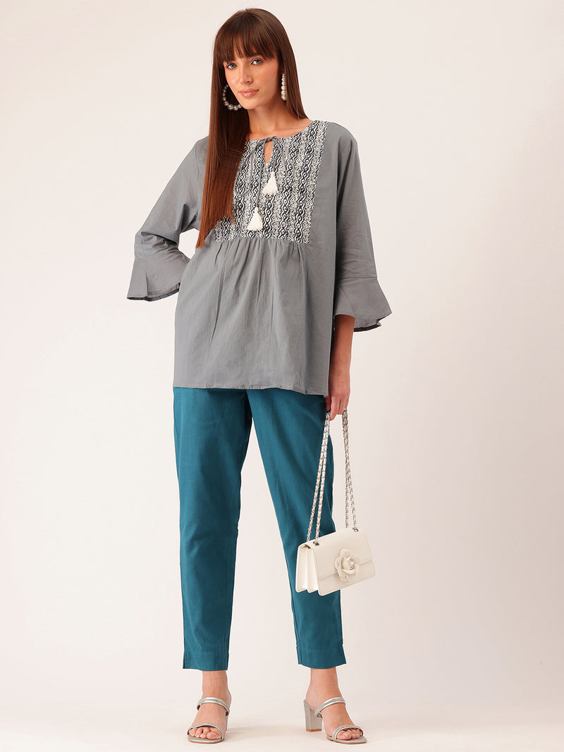 Light Blue Cotton Pants - Double Pockets, Adjustable Waist, and Ankle-Length Fit