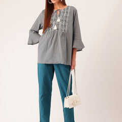 Light Blue Cotton Pants - Double Pockets, Adjustable Waist, and Ankle-Length Fit