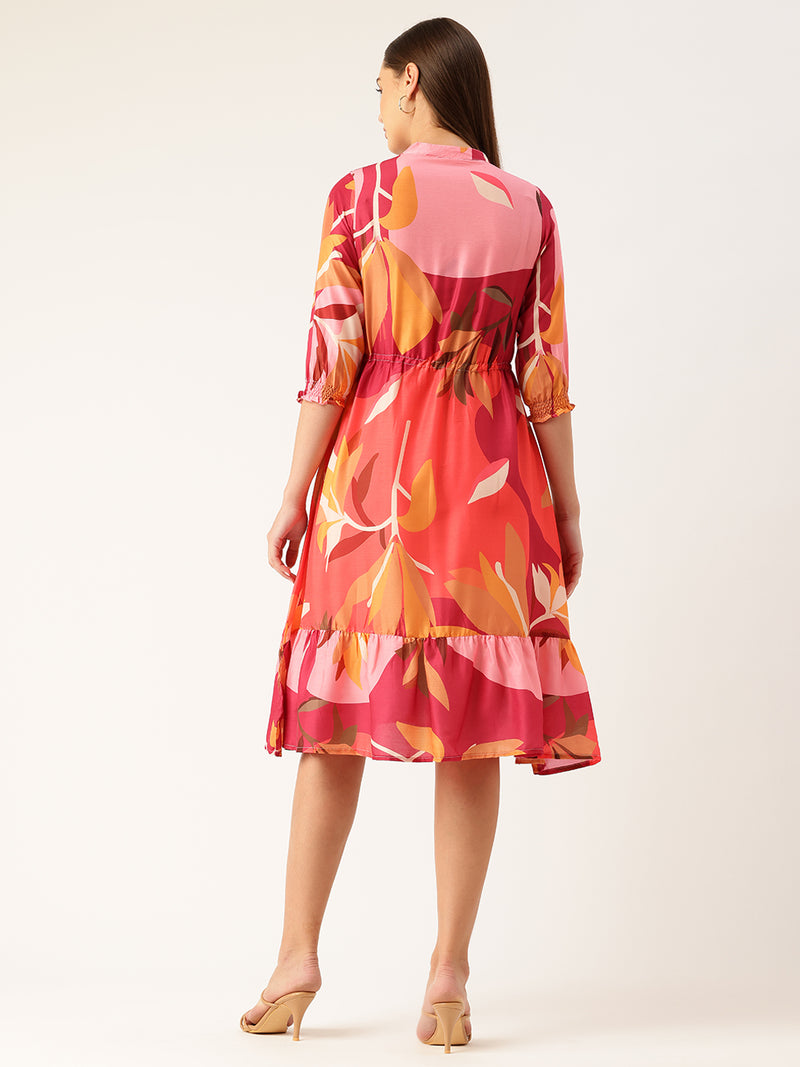 Women’s Multi-Color Muslin Floral Dress with Mandarin Collar & 3/4 Smocked Sleeves