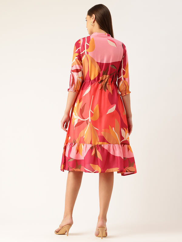 Women’s Multi-Color Muslin Floral Dress with Mandarin Collar & 3/4 Smocked Sleeves