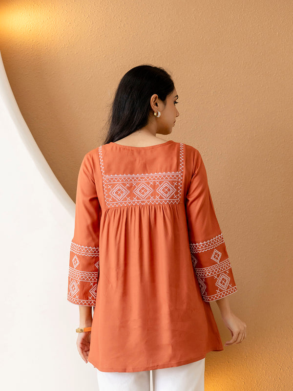 Solid Hip Length Embrioded 3/4 Sleeves Kurti