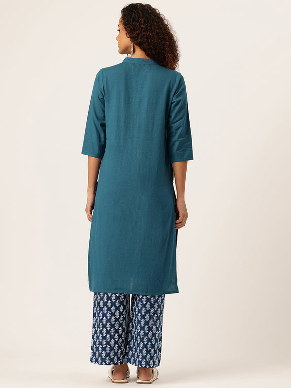 Women’s Solid Long Kurti with Mandarin Collar, 3/4 Sleeves & Pocket | Plain Elegant Cotton Kurta for Daily & Office Wear